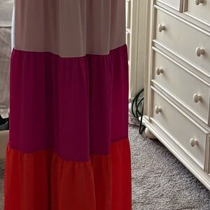 Express Tiered Maxi Dress in Cream, Magenta & Red-Orange